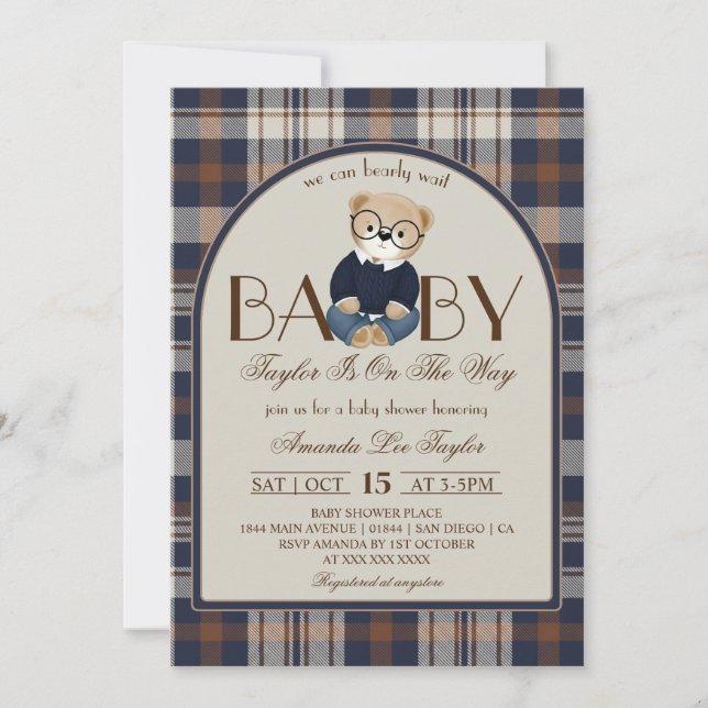 Björn Knappt Väntar Lyx Pojke Babyshower Inbjudningar (Framsida)