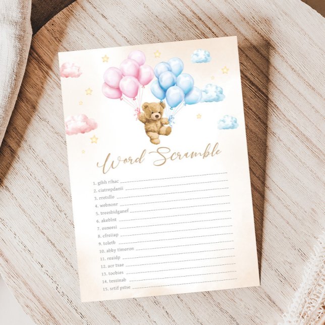 Björn Könsuppenbaring Blandade Bokstäver Spel (Bear Gender Reveal Game)