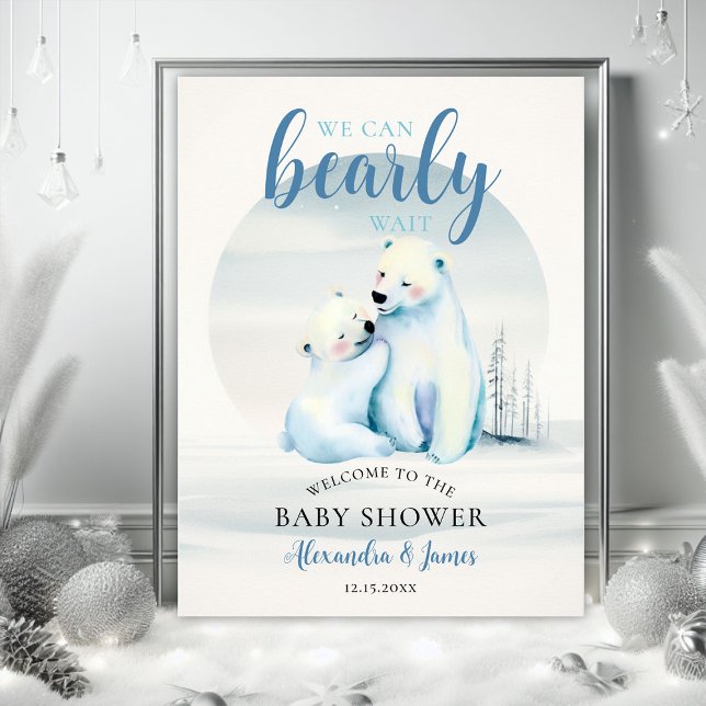 Björn Liten Isbjörn Unge Pojke Baby Shower Välkomm Poster (winter boy baby shower bearly wait polar bear mama cub watercolor welcome sign poster)