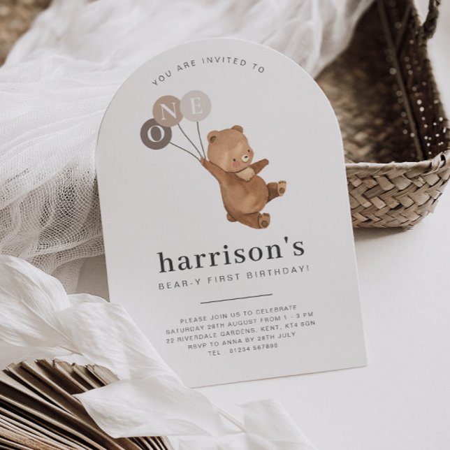 Björn med 3 bruna bubblor 1:a arkdagen inbjudningar (Zazzle Bear with 3 Brown Balloons 1st Arch Birthday Invitation)