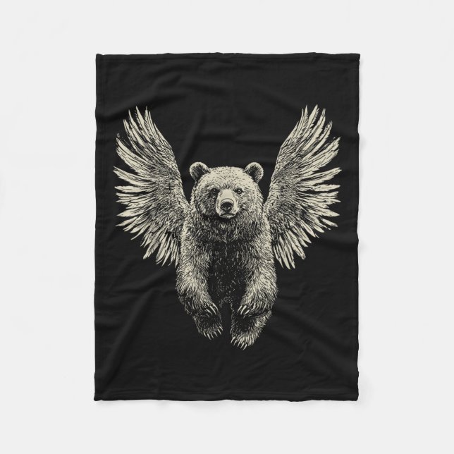 Björn med Angel Vingar Retro Wildlife Artwork Flyi Fleecefilt (Framsidan)