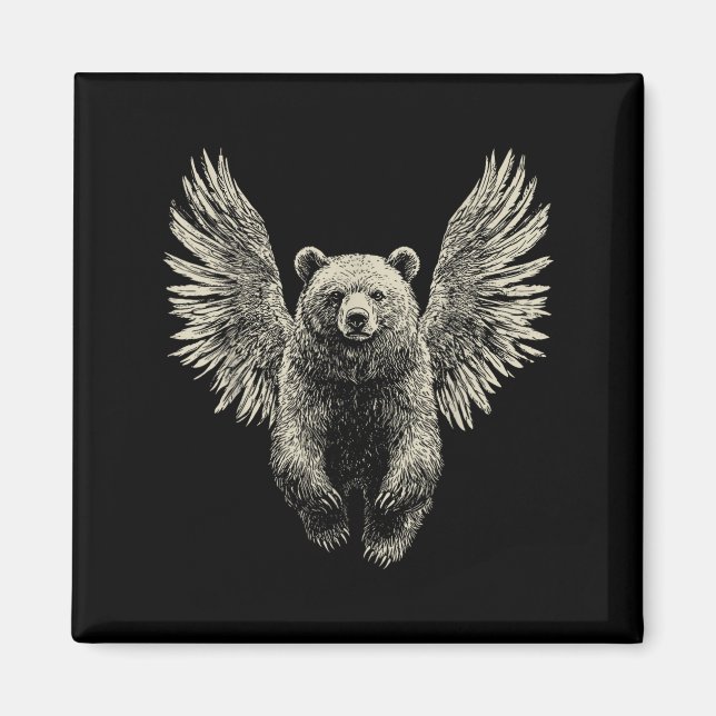 Björn med Angel Vingar Retro Wildlife Artwork Flyi Magnet (Framsidan)