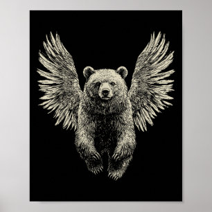 Björn med Angel Vingar Retro Wildlife Artwork Flyi Poster