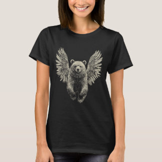 Björn med Angel Vingar Retro Wildlife Artwork Flyi T Shirt
