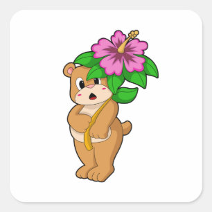 Björn med blomma Hibiscus Fyrkantigt Klistermärke