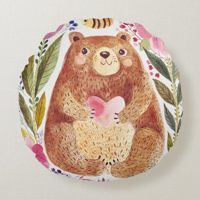 Björn med blommor och bin rund kudde (Framsidan)