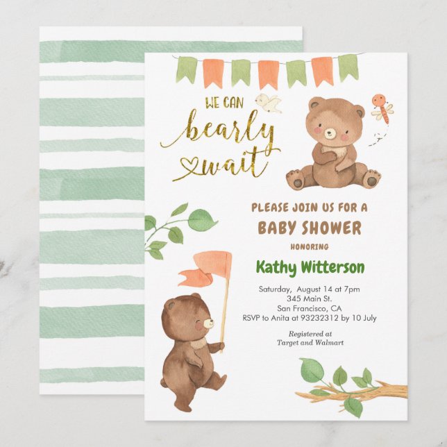 Björn med Eucalyptus Baby Shower Inbjudningar (Fram/baksida)