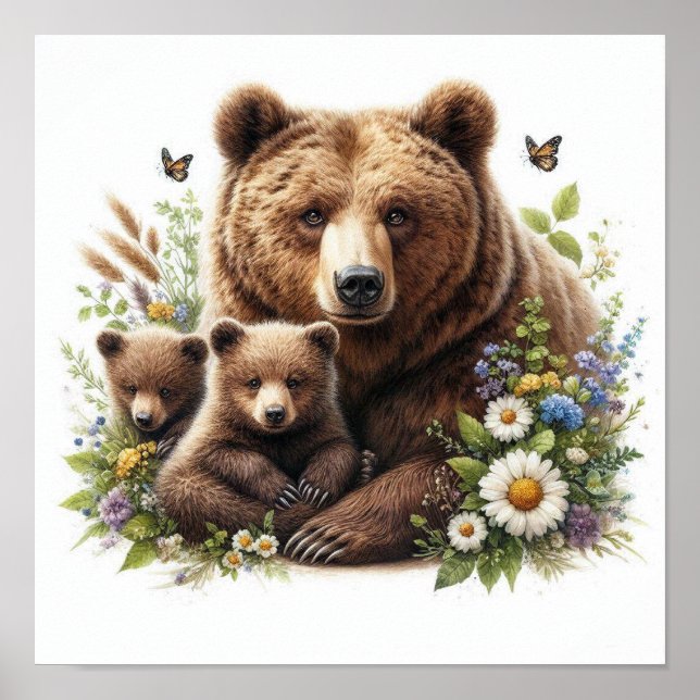 Björn med Unge i en Blommigt Meadow Poster (Framsidan)