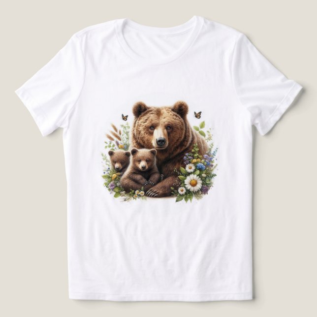 Björn med Unge i en Blommigt Meadow T Shirt (Design Framsida)