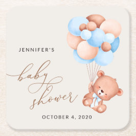 Björn, Nalle, blå ballonger, babyskor, baby Underlägg Papper Kvadrat