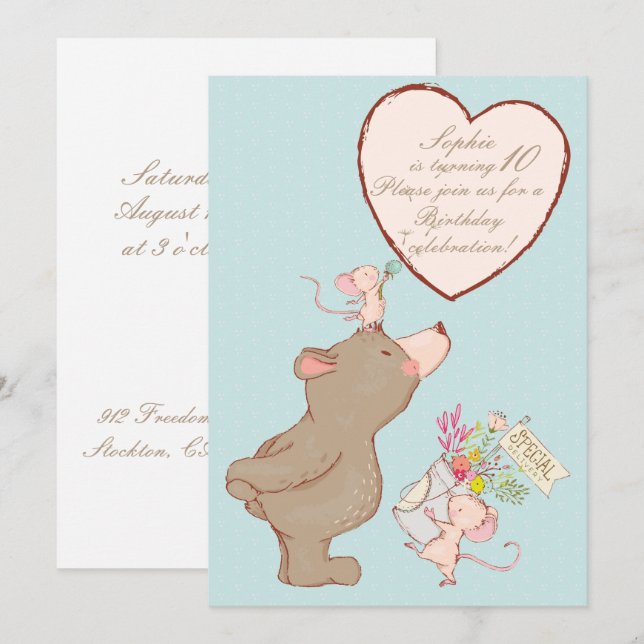 Björn och möss - inbjudan till födelsedag (Fram/baksida)