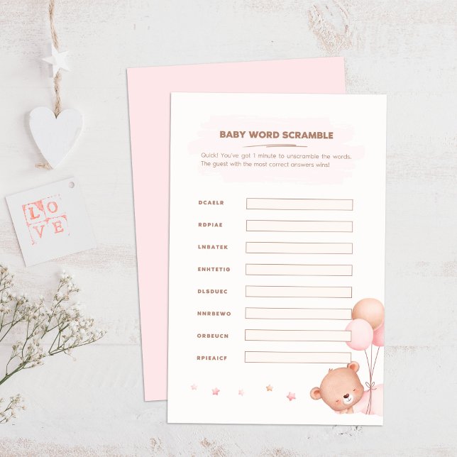 Björn och Rosa Bubblor Baby Shower Ord Scramble (Bear & Pink Balloons Baby Shower Word Scramble on a boho wooden table.)