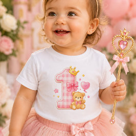 Björn och rutig ettårs födelsedagsbaby t-shirt