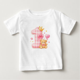 Björn och rutig ettårs födelsedagsbaby t-shirt