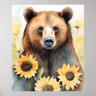 Björn och solblommor med vattenfärg poster