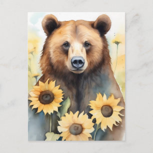 Björn och solblommor med vattenfärg vykort