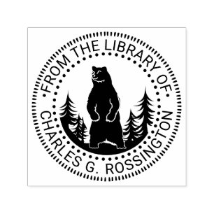 Björn och träd Siluett Rund Bibliotek Boknamn Självfärgande Stämpel