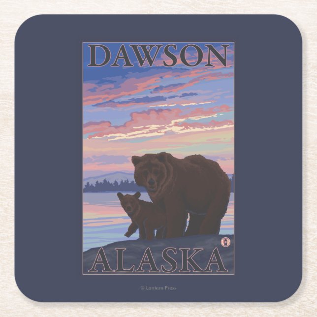 Björn och unge - Dawson, Alaska Underlägg Papper Kvadrat (Framsidan)