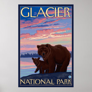 Björn och unge - glaciärnationalpark, MT Poster