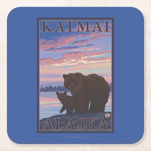 Björn och unge - Katmai, Alaska Underlägg Papper Kvadrat (Framsidan)
