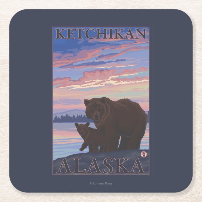 Björn och unge - Ketchikan, Alaska Underlägg Papper Kvadrat (Framsidan)