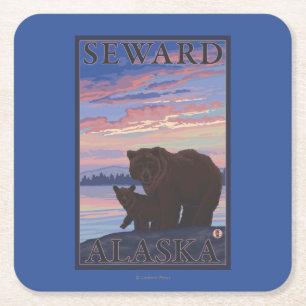 Björn och unge - Seward, Alaska Underlägg Papper Kvadrat