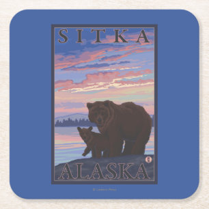 Björn och unge - Sitka, Alaska Underlägg Papper Kvadrat