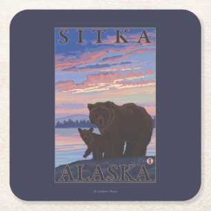 Björn och unge - Sitka, Alaska Underlägg Papper Kvadrat