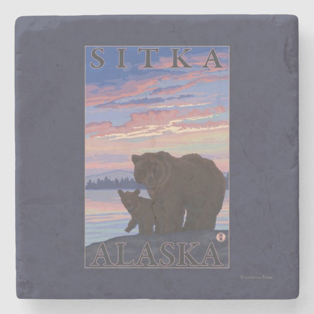Björn och unge - Sitka, Alaska Underlägg Sten (Framsidan)