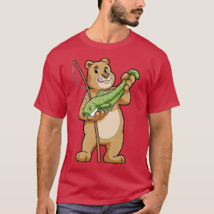Björn på fiske med fiskespö och fisk t shirt