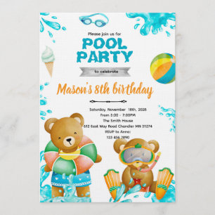 Björn poolparty födelsedagsinbjudan inbjudningar