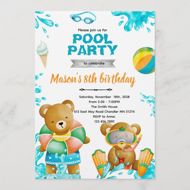 Björn poolparty födelsedagsinbjudan inbjudningar (Framsida)