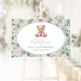 Björn, rosett, rosa blommor, välkommen på ettårsda poster