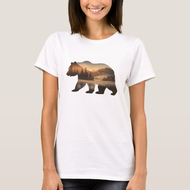 Björn Siluett Design med Solnedgångsvy T Shirt (Framsida)