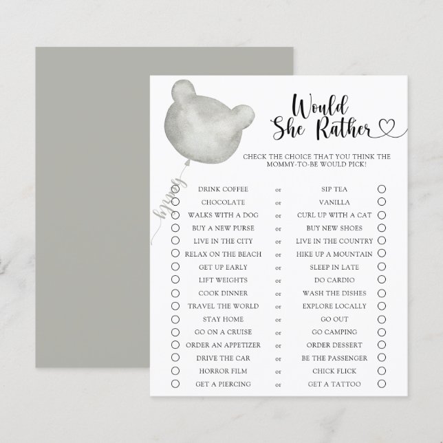 Björn / Skulle hon hellre Baby Shower-spel (Fram/baksida)