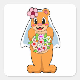 Björn som brud med blommor fyrkantigt klistermärke