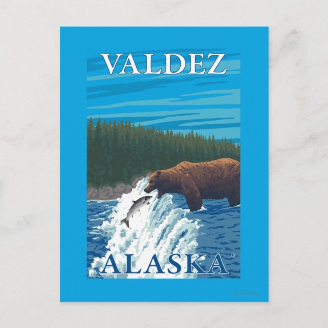 Björn som fiskar i flod - Valdez, Alaska Vykort (Framsida)