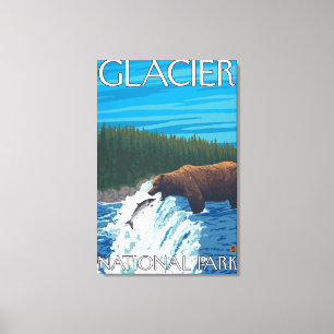 Björn som fiskar i floden - glaciärnationalpark, canvastryck