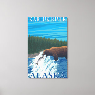 Björn som fiskar i floden - Karluk flod, Alaska Canvastryck