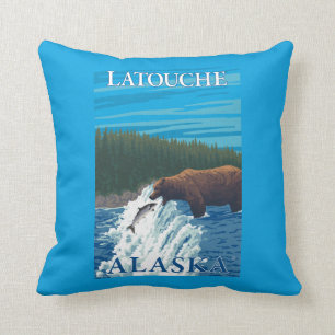 Björn som fiskar i floden - Latouche, Alaska Kudde