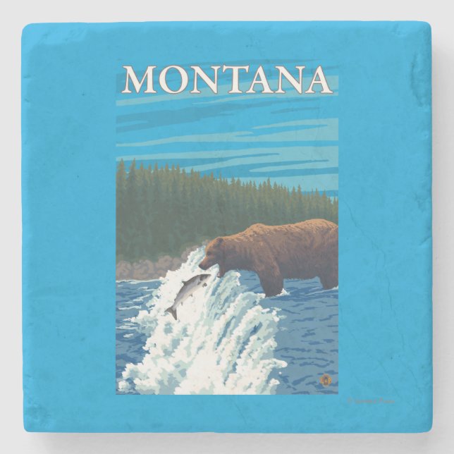 Björn som fiskar i floden - Montana Stenunderlägg (Framsidan)