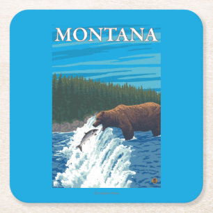 Björn som fiskar i floden - Montana Underlägg Papper Kvadrat
