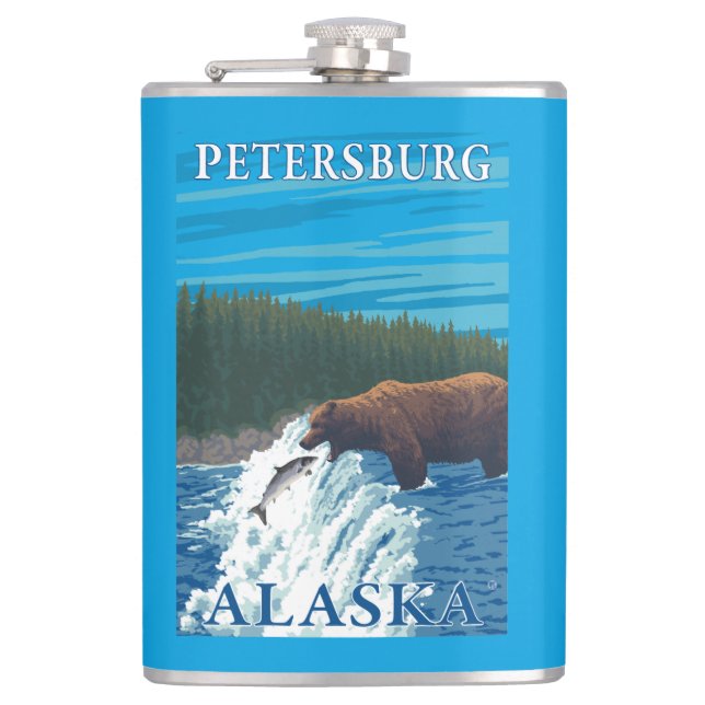 Björn som fiskar i floden - Petersburg, Alaska Fickplunta (Framsidan)