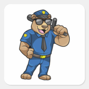 Björn som polis med polisiär uniform fyrkantigt klistermärke