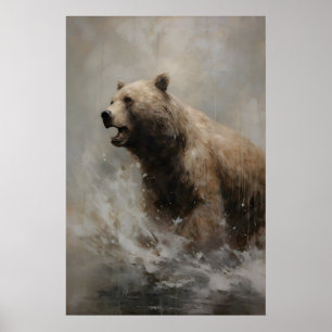 Björn som stänker i vattnet, dyster vilda djur kon poster