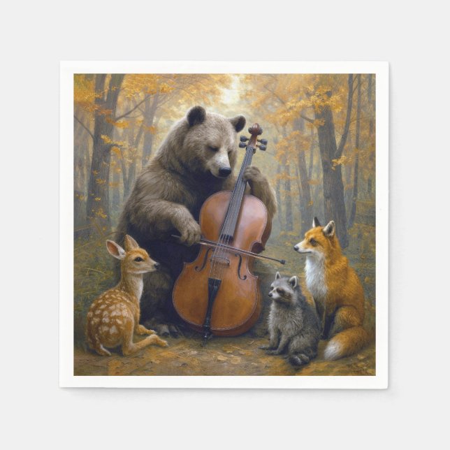 Björn spelar cello i höstskog pappersservett (Framsidan)