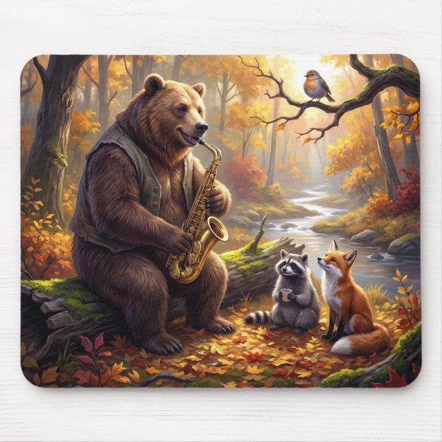 Björn spelar saxofon i höstskog musmatta (Framsidan)