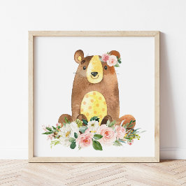 Björn, trädjur, boho, Rosa Flowers Poster