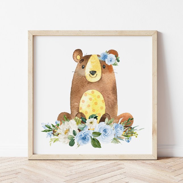 Björn, trädsdjur, Boho, Blåa blommor Poster (Skapare uppladdad)