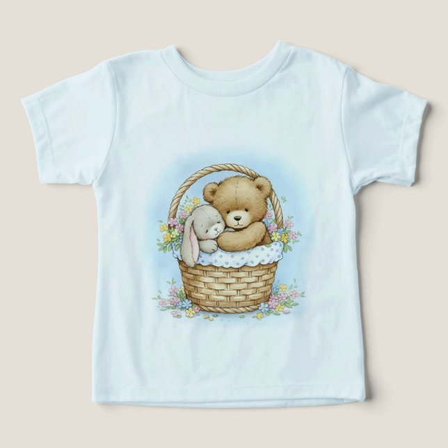 Björn Unge och kanin i ett vävt Basket T Shirt (Design Framsida)
